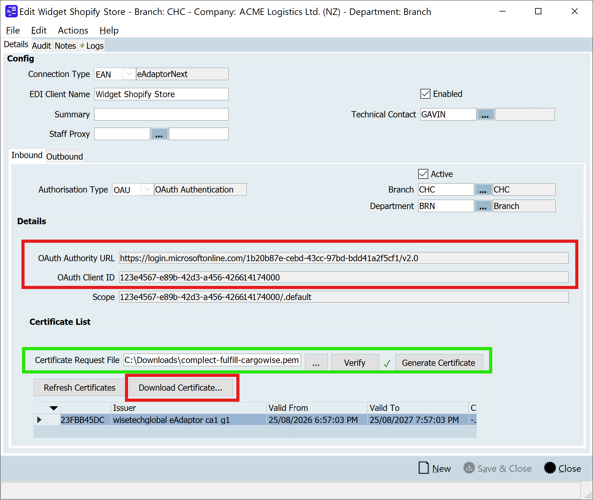 EDI Client Details - Inbound OAuth